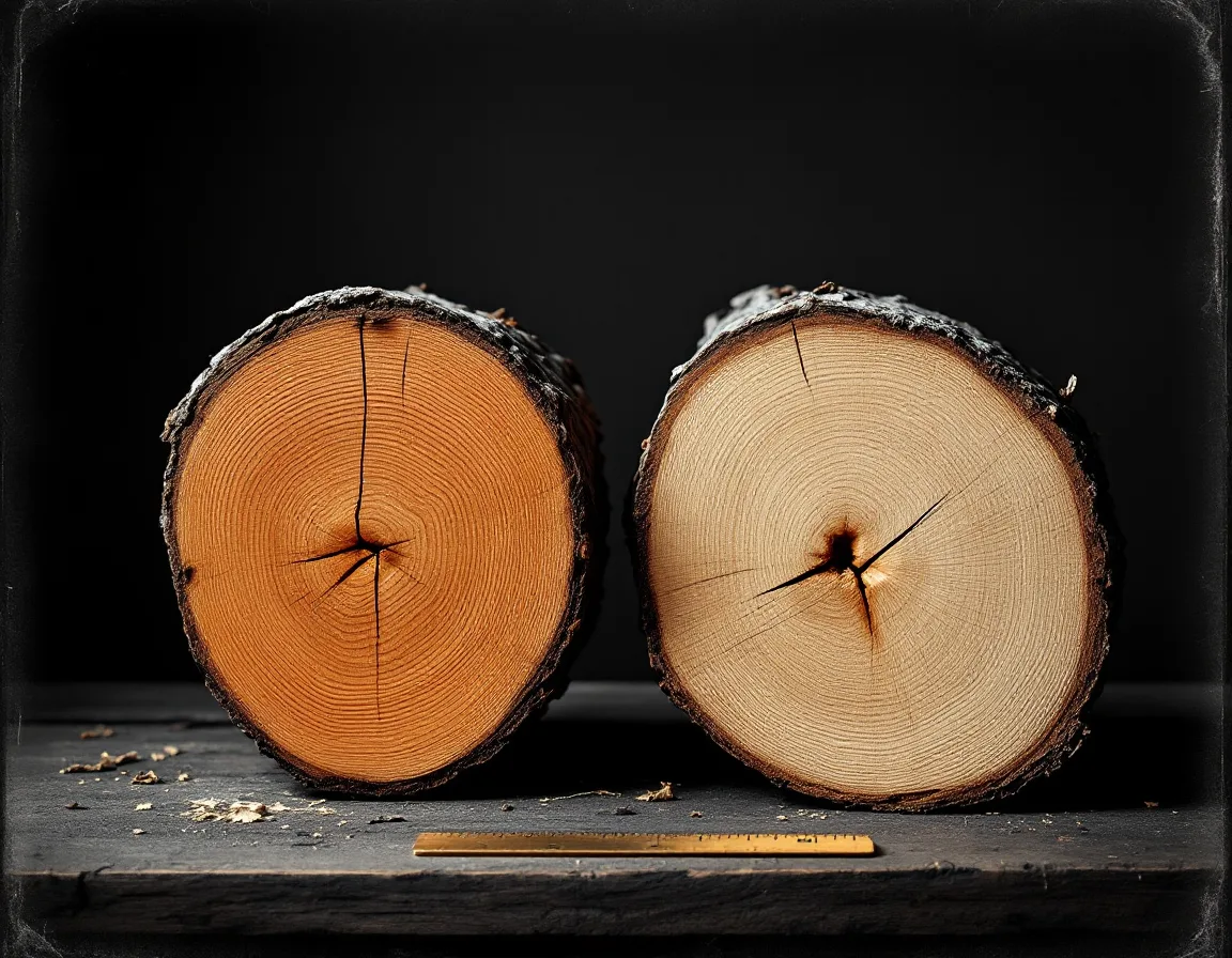 Two split firewood logs side by side, end grain facing out: reddish alder on the left, pale ash on the right